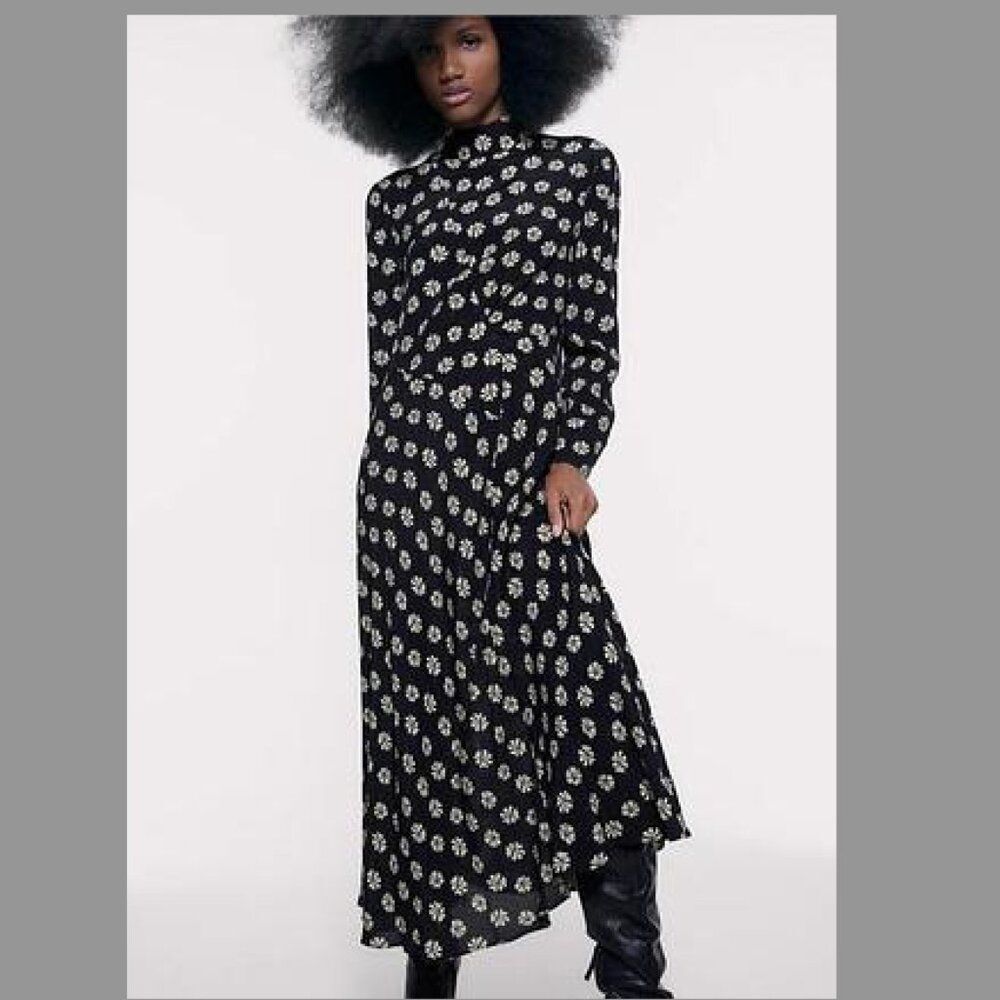 NWT XS Zara Floral Retro Maxi Midi High Neck Long Sleeve Dress Black Minimalist